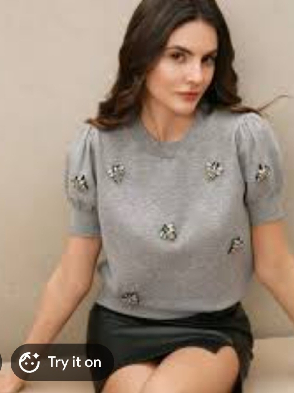 Embellished Puff-Sleeve Knit Top - Gray With Rhinestone Bees